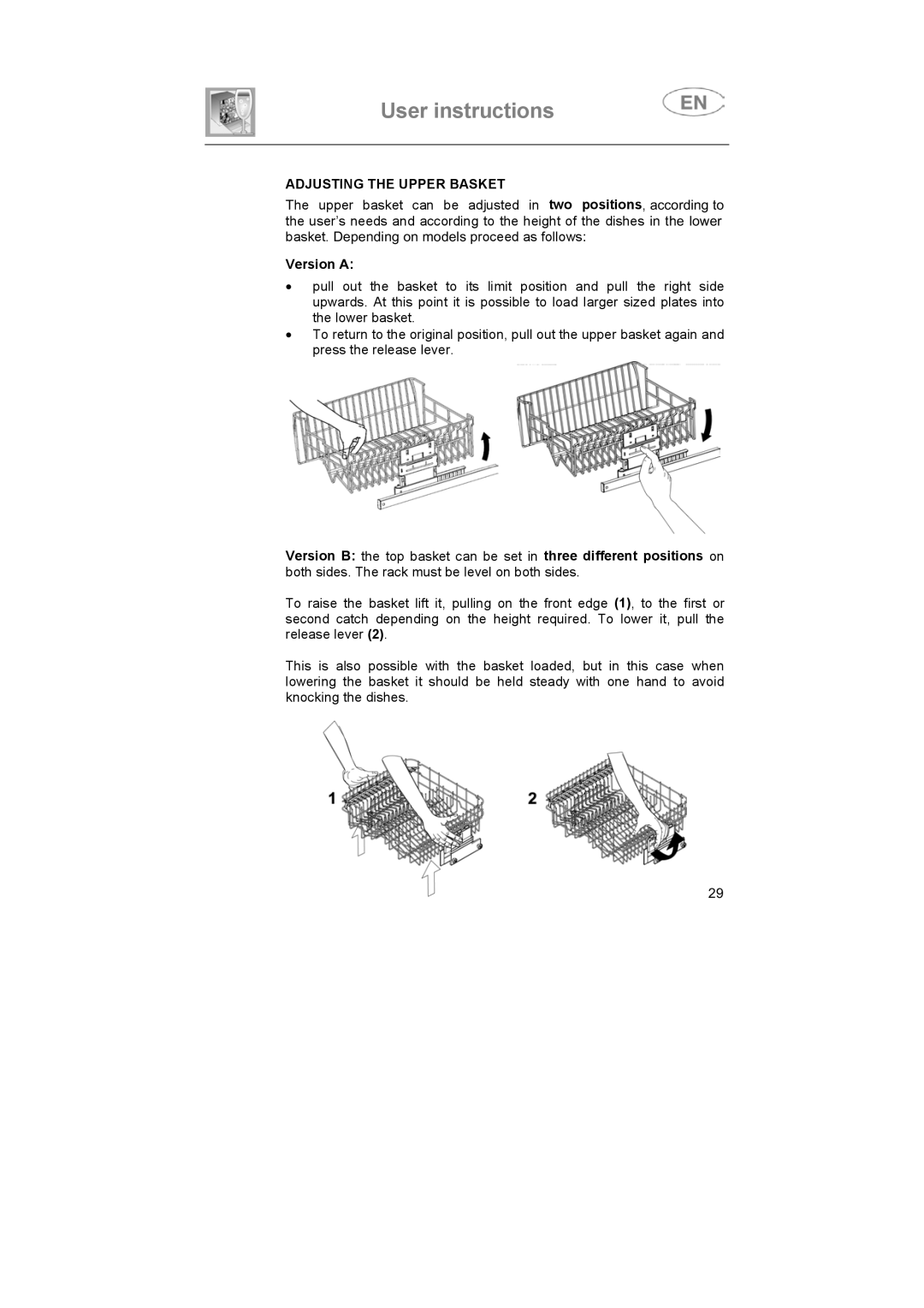 Smeg ST93P manual Adjusting the Upper Basket, Version a 