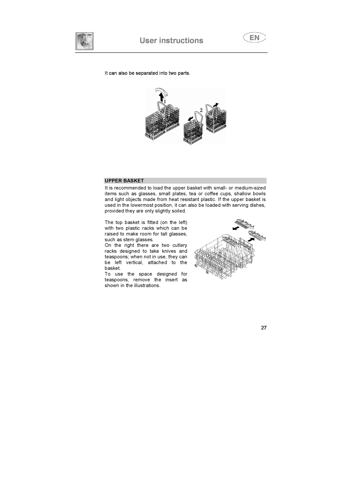 Smeg ST93P manual User instructions, Upper Basket 