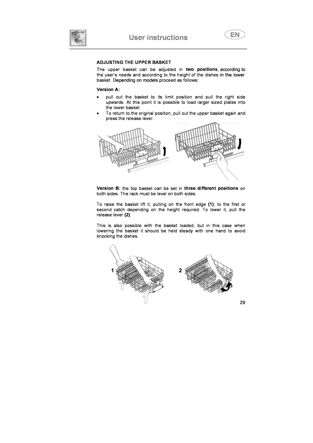 Smeg ST93P manual User instructions, Adjusting The Upper Basket, Version A 