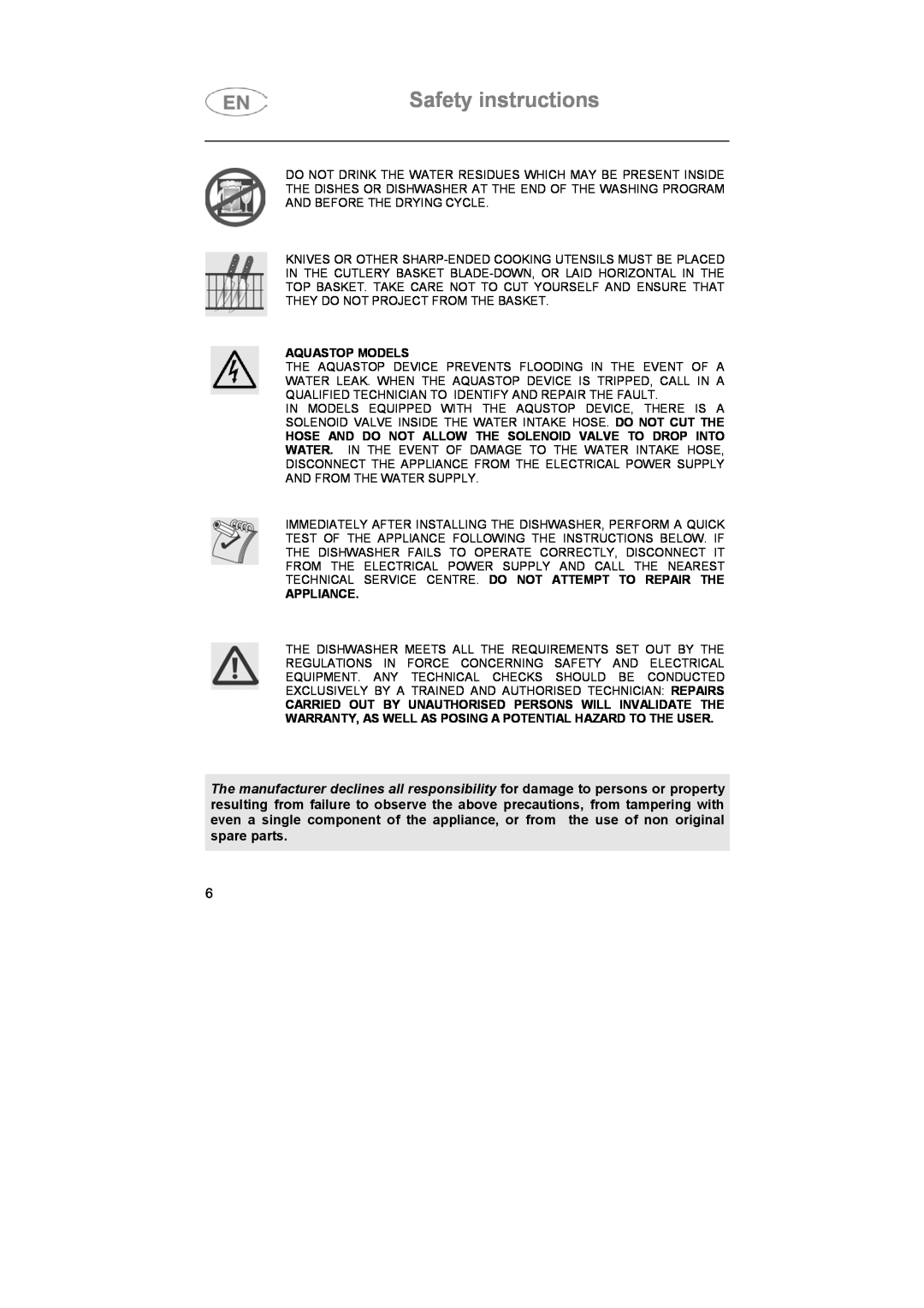 Smeg ST93P manual Safety instructions, Aquastop Models, Appliance 