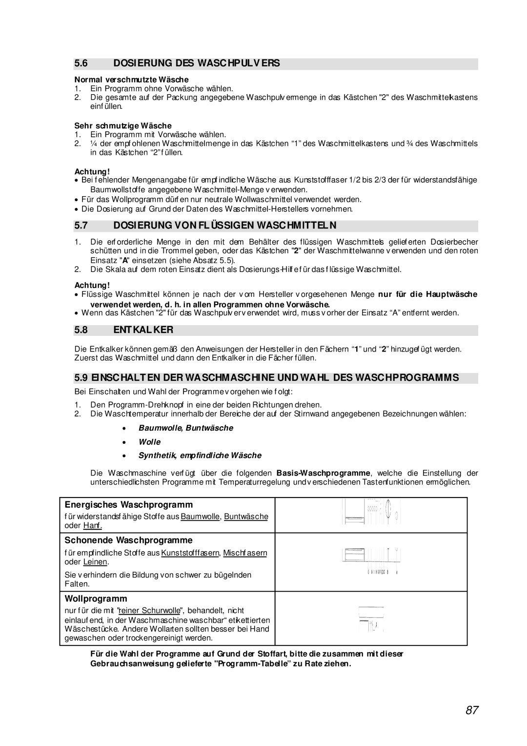 Smeg STA161S manual Dosierung DES Waschpulv ERS, Dosierung VON Flüssigen Waschmitteln, Entkalker 