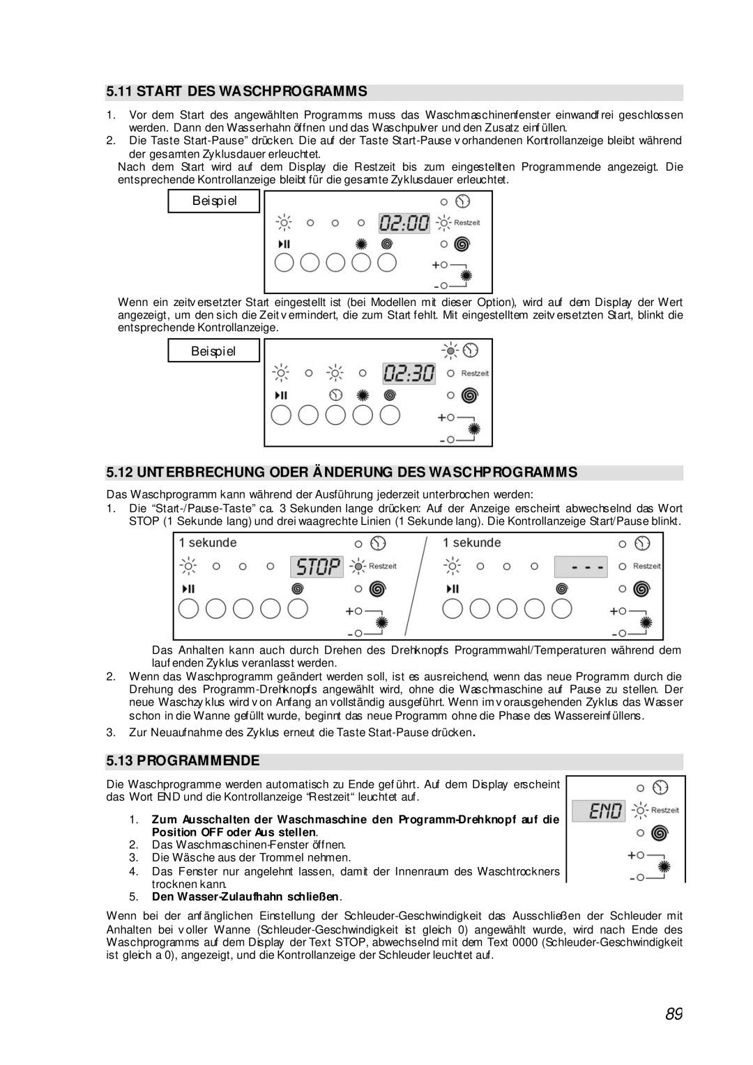 Smeg STA161S manual Start DES Waschprogramms, Unterbrechung Oder Änderung DES Waschprogramms, Programmende 