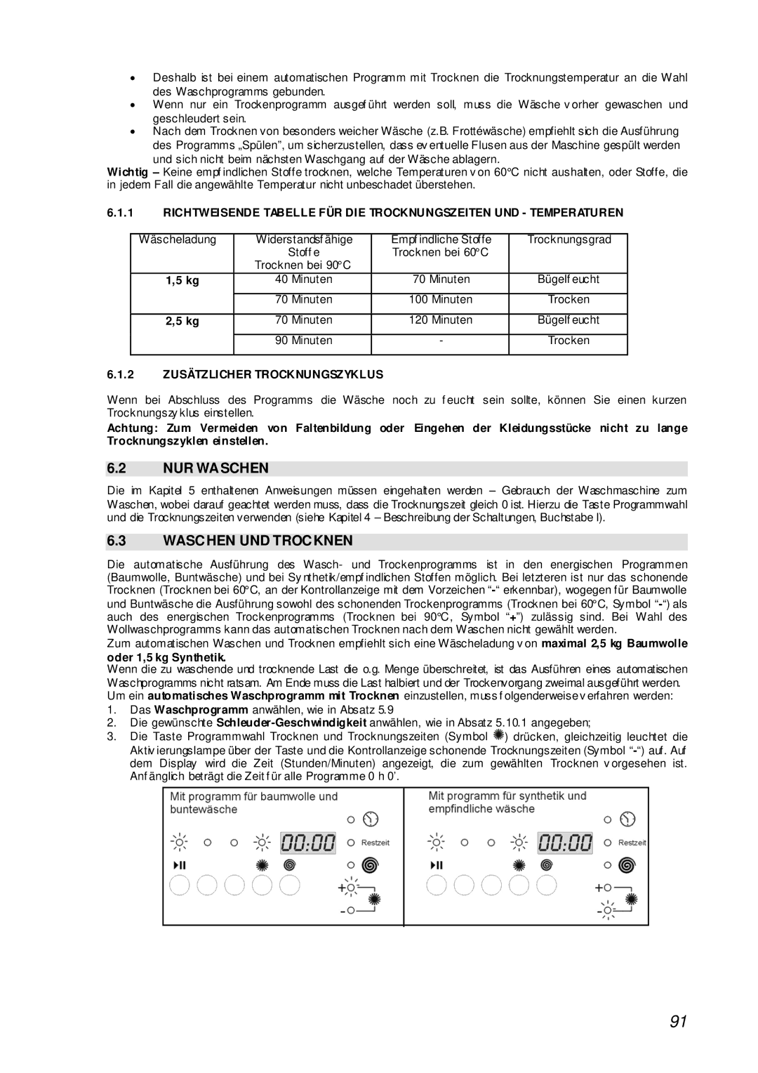 Smeg STA161S manual NUR Waschen, Waschen UND Trocknen, Oder 1,5 kg Synthetik 