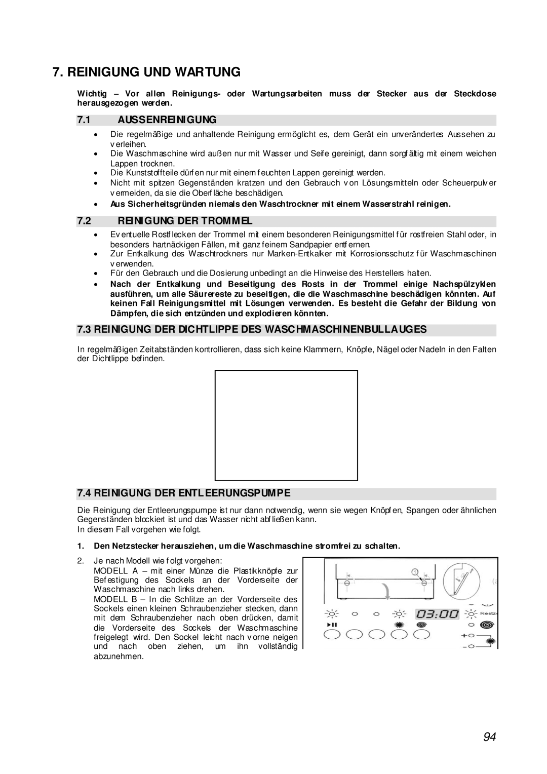 Smeg STA161S manual Reinigung UND Wartung, Aussenreinigung, Reinigung DER Trommel, Reinigung DER Entleerungspumpe 