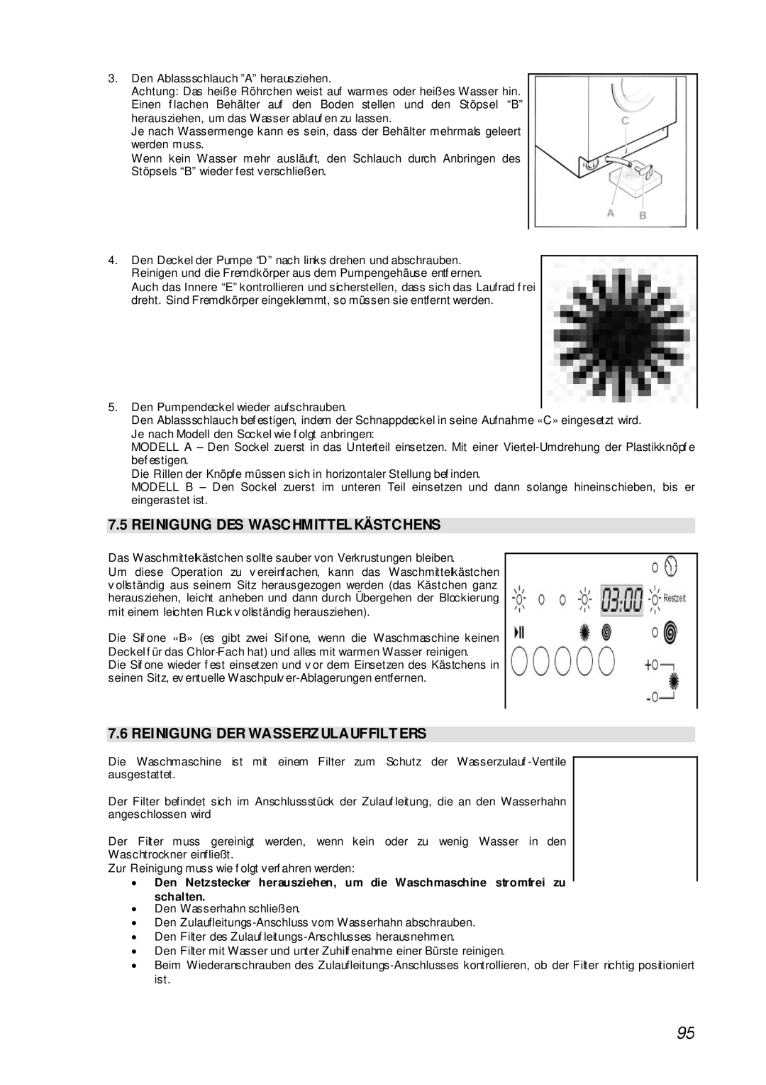 Smeg STA161S manual Reinigung DES Waschmittelkästchens, Reinigung DER Wasserzulauffilters 