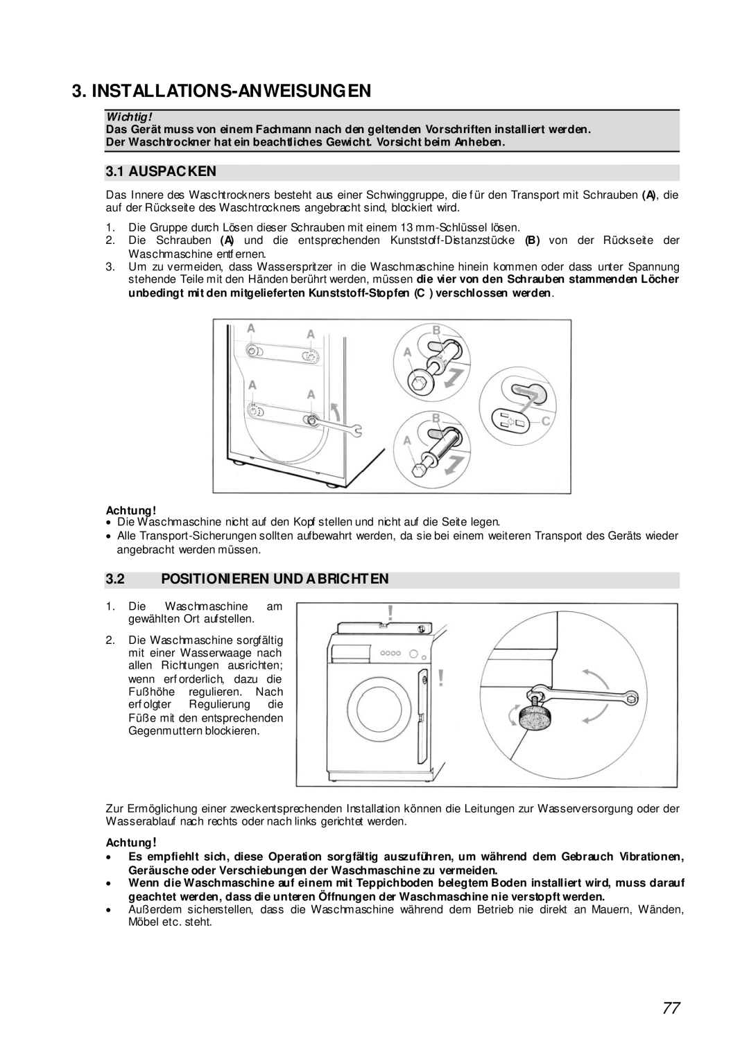 Smeg STA161S manual Installations-Anweisungen, Auspacken, Positionieren UND Abrichten, Achtung 