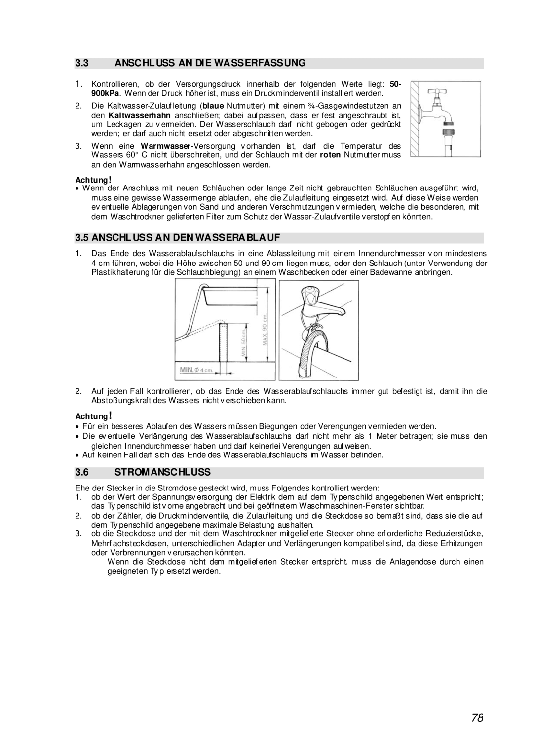 Smeg STA161S manual Anschluss AN DIE Wasserfassung, Anschluss AN DEN Wasserablauf, Stromanschluss 