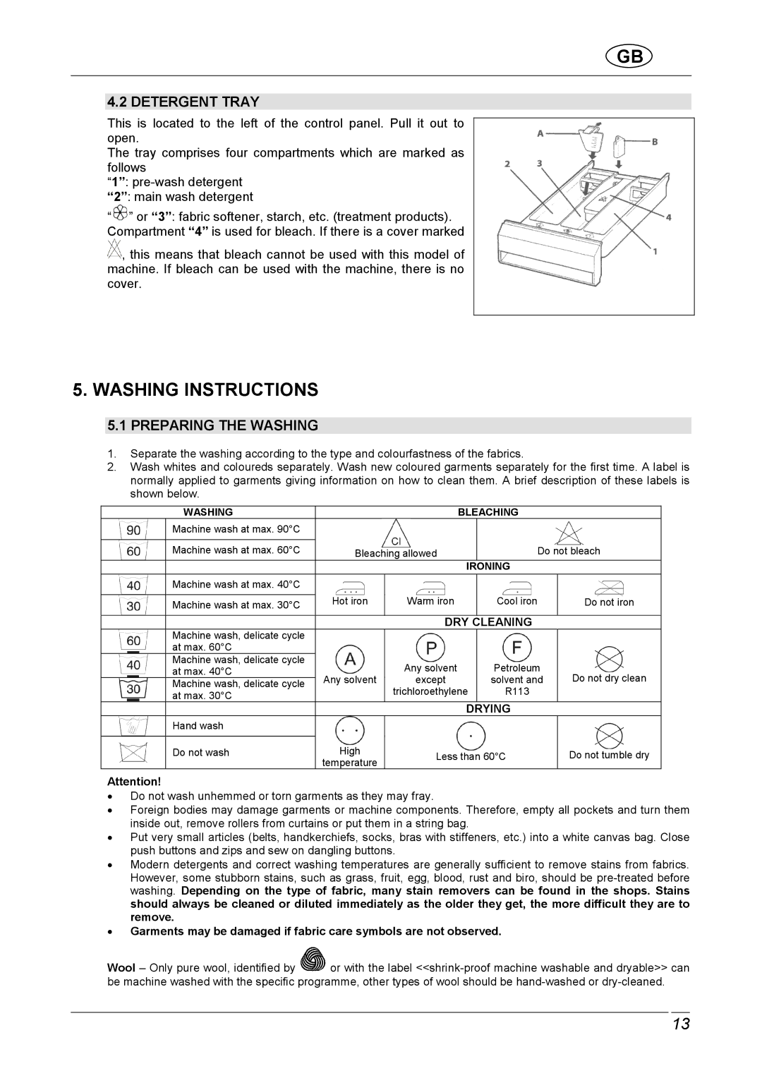 Smeg STA161S1, STA161S2 manual Washing Instructions, Detergent Tray, Preparing the Washing 