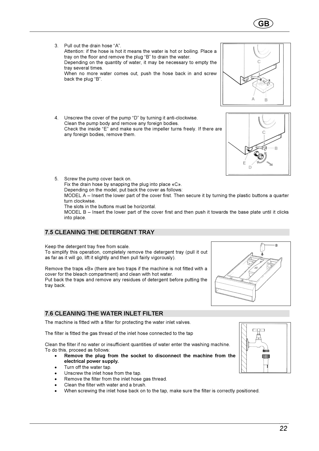 Smeg STA161S2, STA161S1 manual Cleaning the Detergent Tray, Cleaning the Water Inlet Filter 