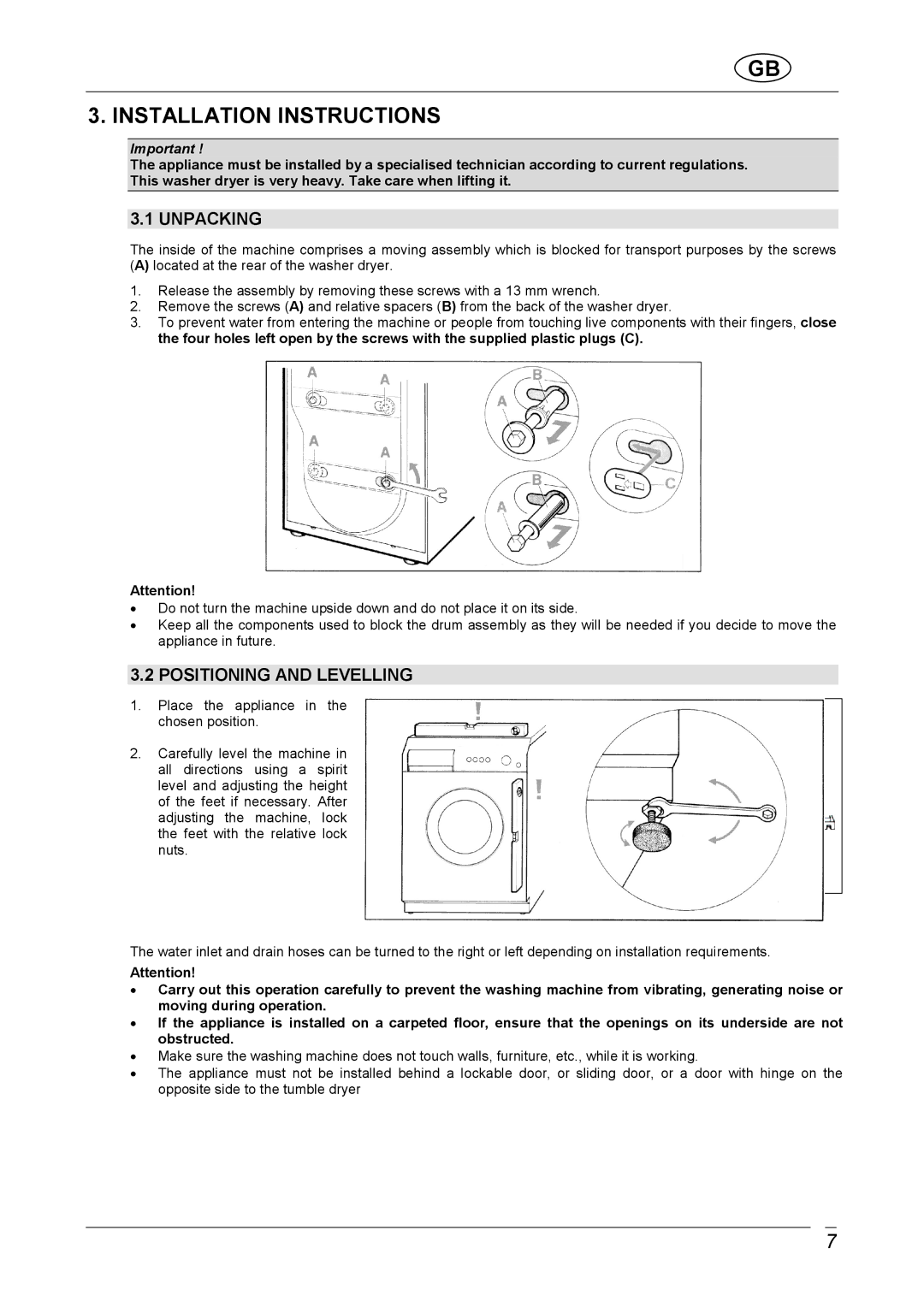 Smeg STA161S1, STA161S2 manual Installation Instructions, Unpacking, Positioning and Levelling 