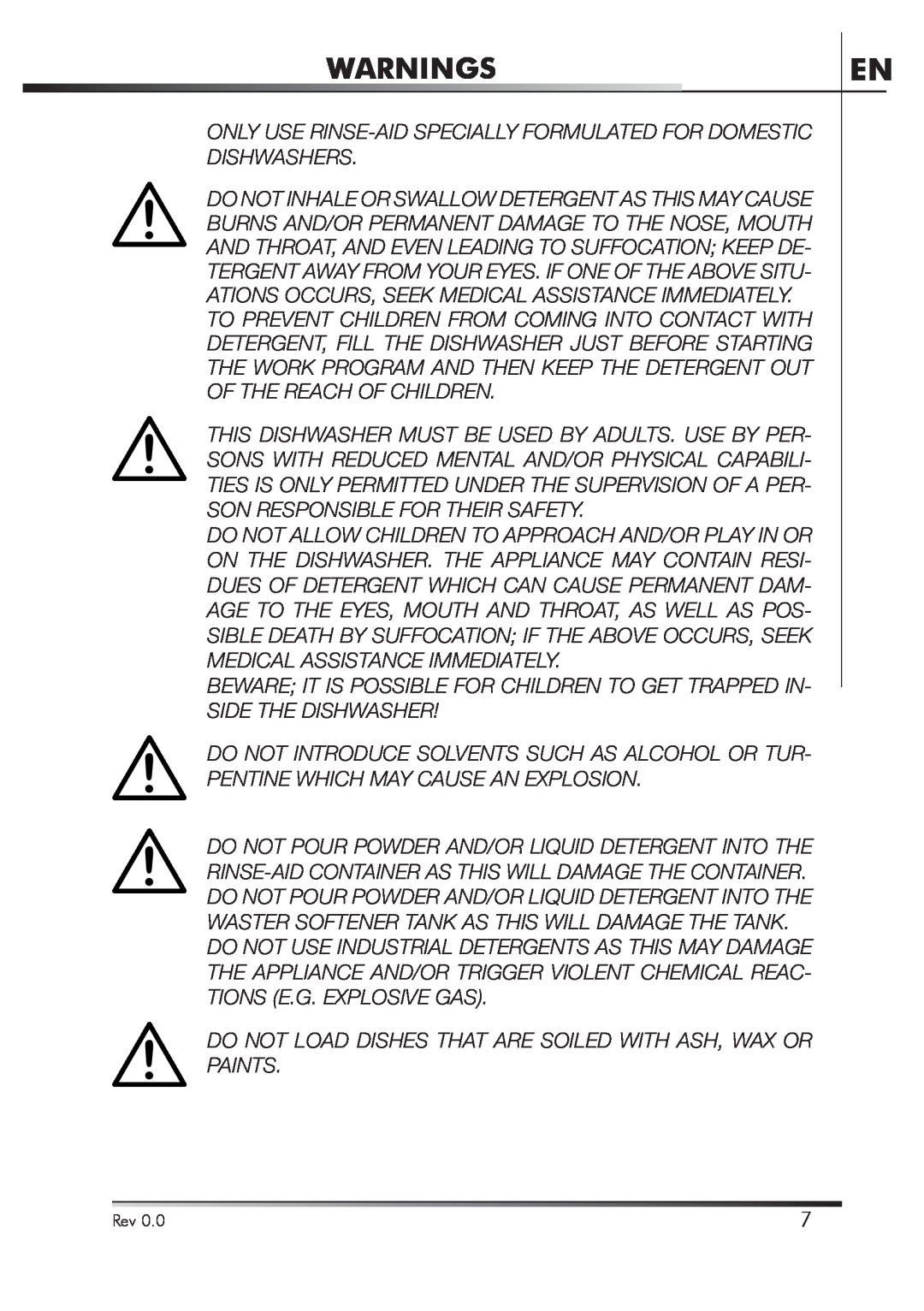 Smeg STA4645 instruction manual Warnings, Only Use Rinse-Aid Specially Formulated For Domestic Dishwashers 