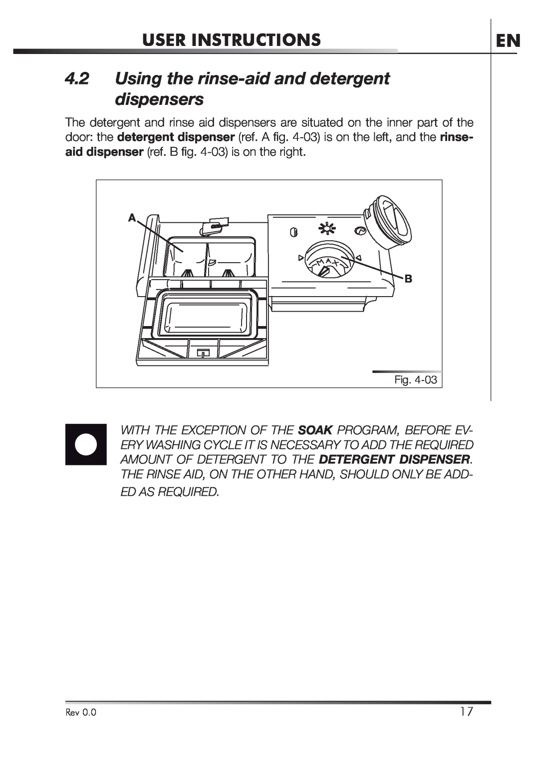 Smeg STA4645 instruction manual Using the rinse-aid and detergent dispensers, User Instructions, Ed As Required 