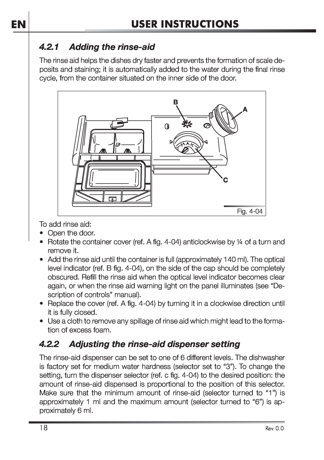 Smeg STA4645 instruction manual Adding the rinse-aid, Adjusting the rinse-aid dispenser setting, User Instructions 