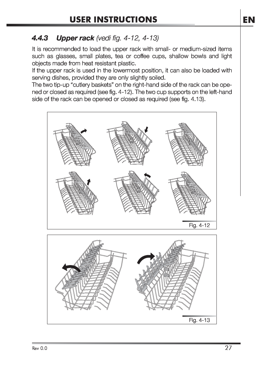 Smeg STA4645 instruction manual User Instructions, Upper rack vedi ﬁ g. 4-12 