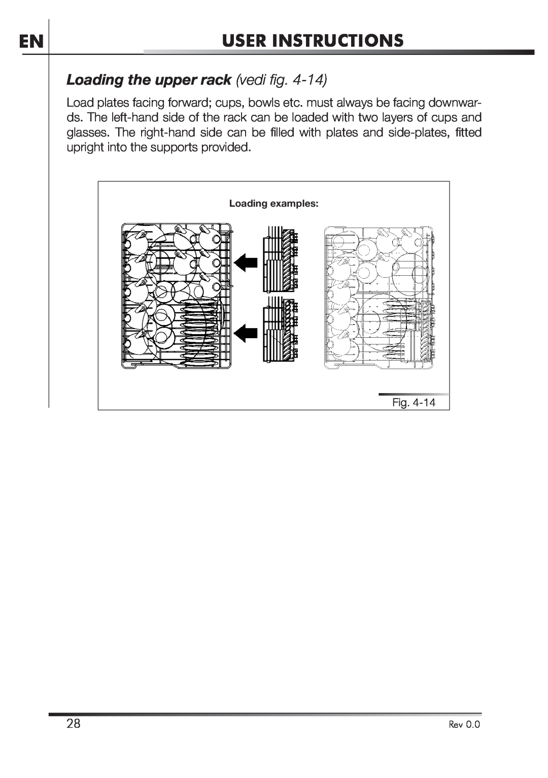 Smeg STA4645 instruction manual Loading the upper rack vedi ﬁ g, User Instructions, EsempiLoading caricamentoexamples 