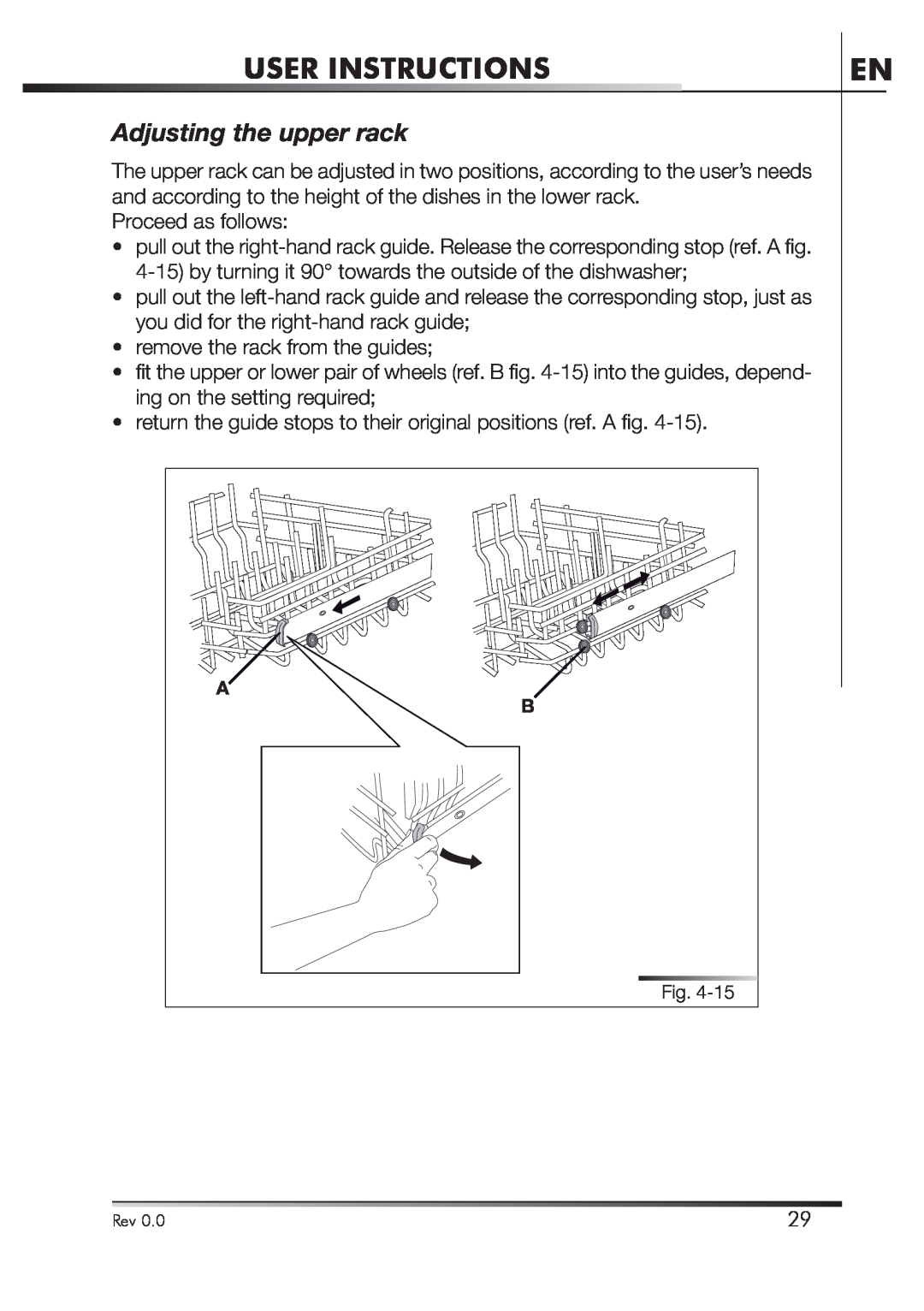 Smeg STA4645 instruction manual Adjusting the upper rack, User Instructions 