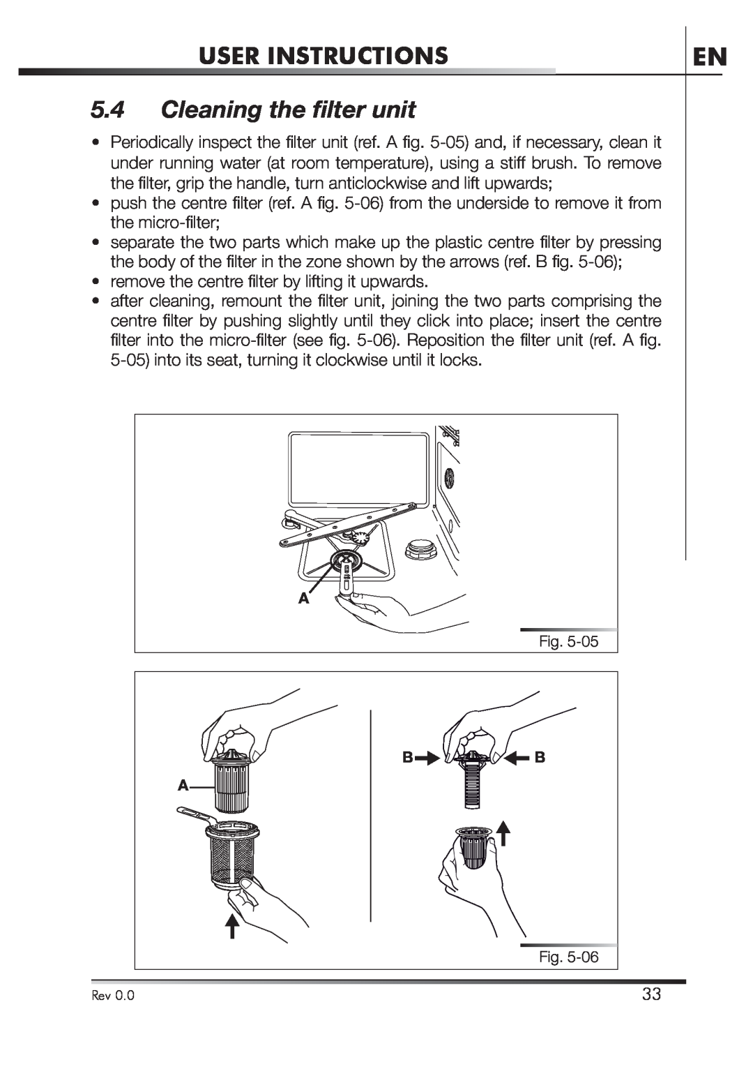 Smeg STA4645 instruction manual Cleaning the ﬁlter unit, User Instructions 