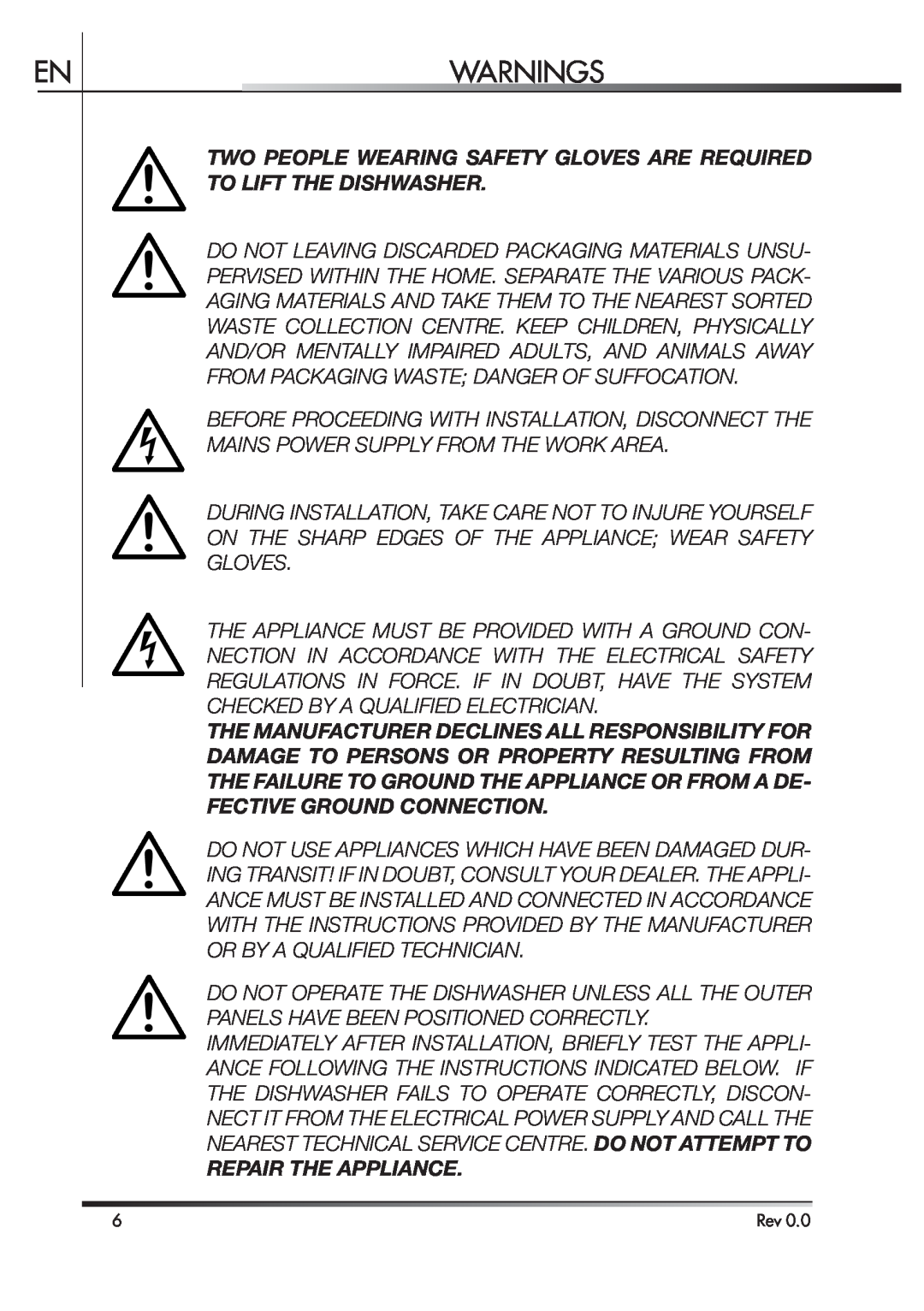 Smeg STA4645 Warnings, Two People Wearing Safety Gloves Are Required To Lift The Dishwasher, Repair The Appliance 