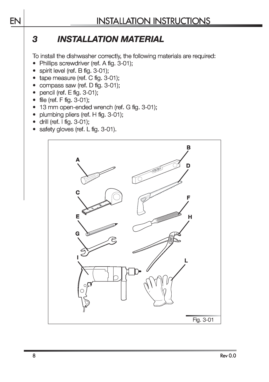 Smeg STA4645 instruction manual Installation Material, Installation Instructions, B A D C F E H G I L 