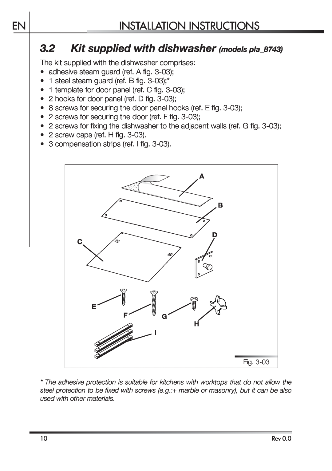 Smeg STA4645 instruction manual Kit supplied with dishwasher models pla8743, Installation Instructions, A B D E F G H I 