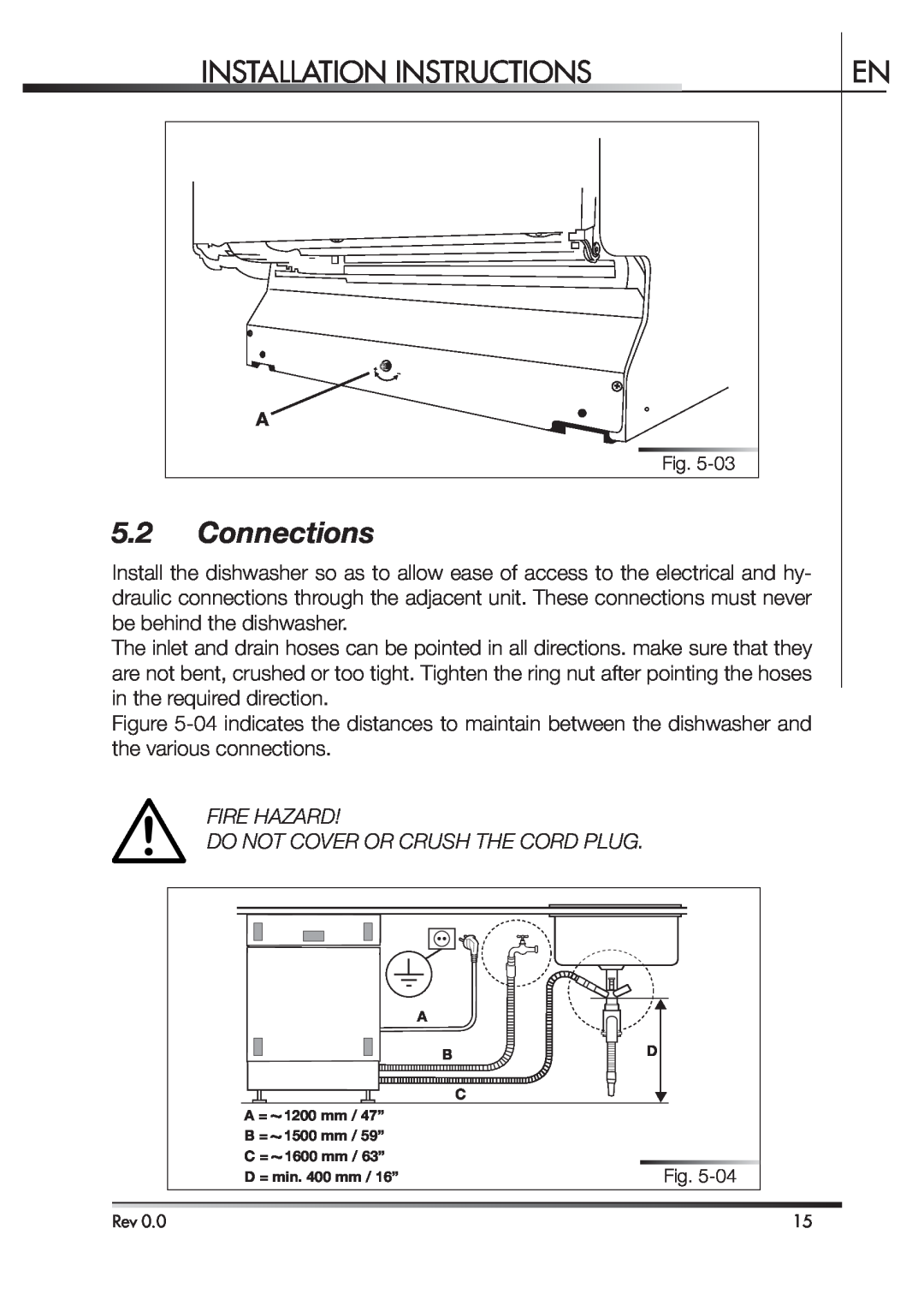 Smeg STA4645 instruction manual Connections, Installation Instructions, Fire Hazard Do Not Cover Or Crush The Cord Plug 