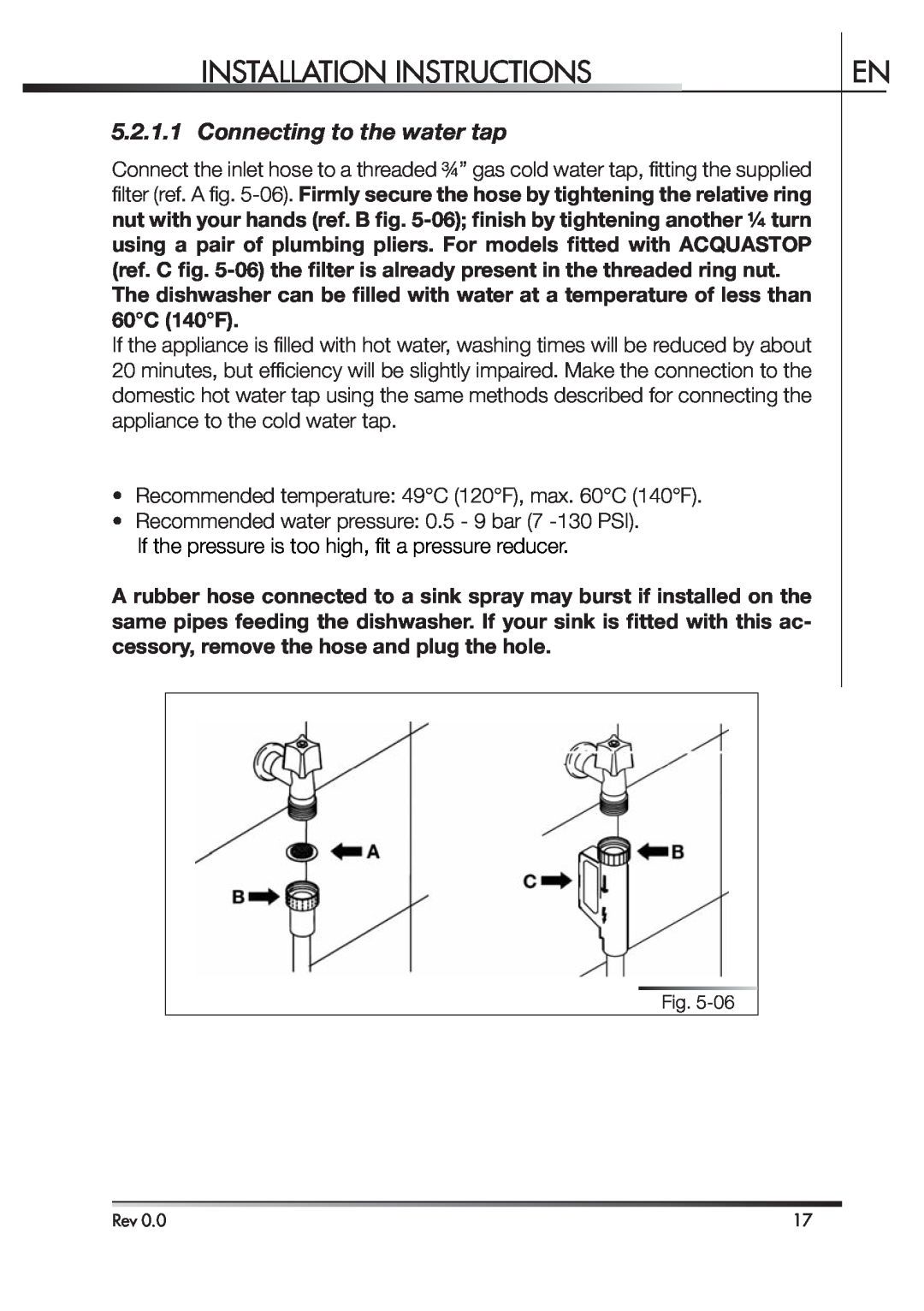 Smeg STA4645 instruction manual Connecting to the water tap, Installation Instructions 