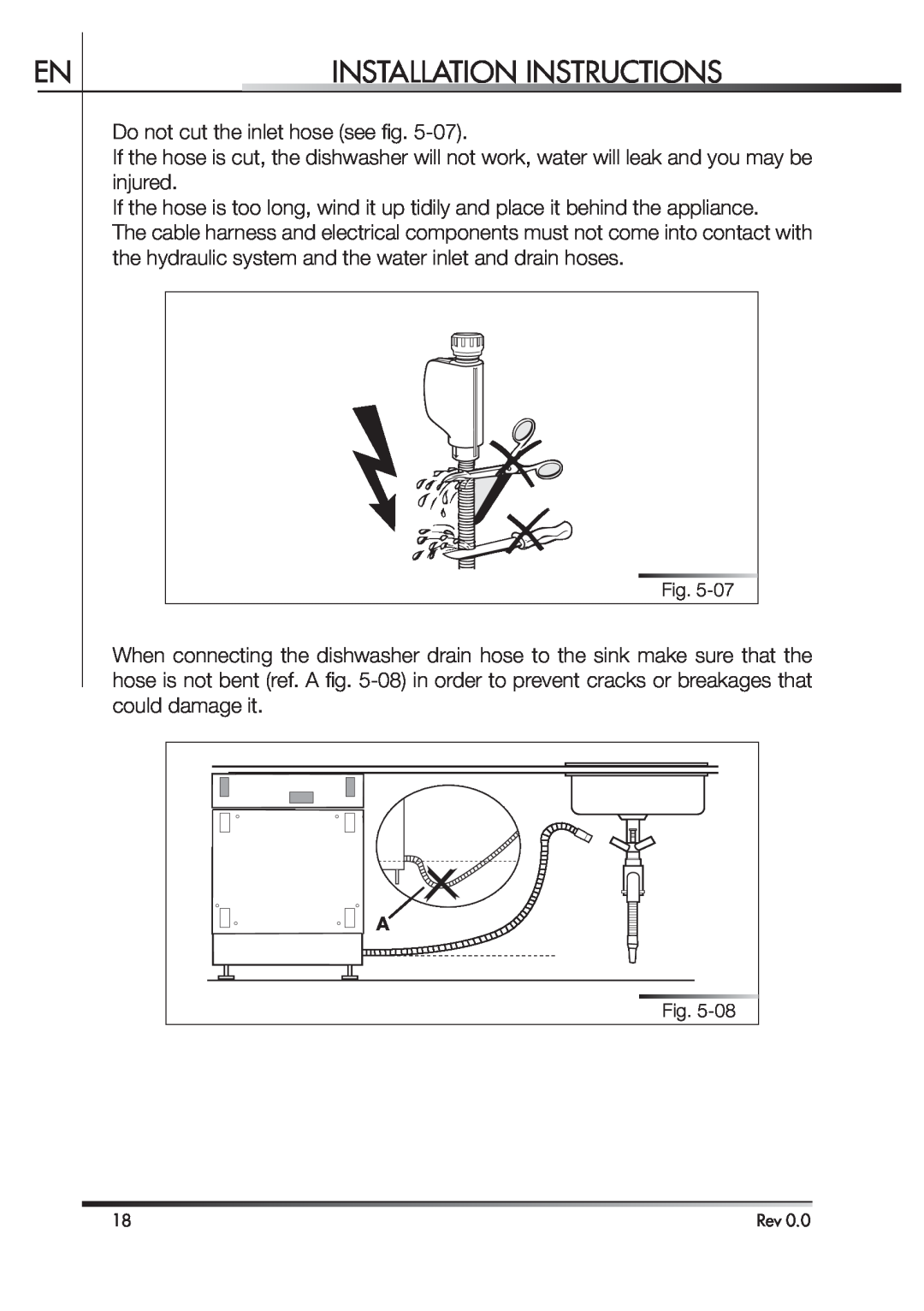 Smeg STA4645 instruction manual Installation Instructions, Do not cut the inlet hose see ﬁ g 