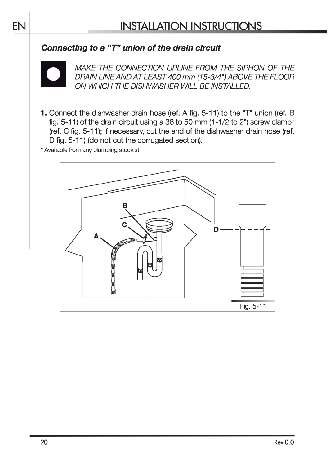 Smeg STA4645 instruction manual Connecting to a “T” union of the drain circuit, Installation Instructions 