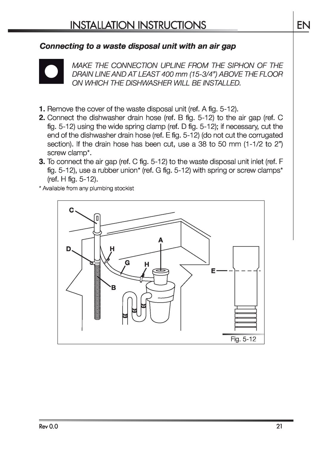 Smeg STA4645 instruction manual Connecting to a waste disposal unit with an air gap, Installation Instructions 