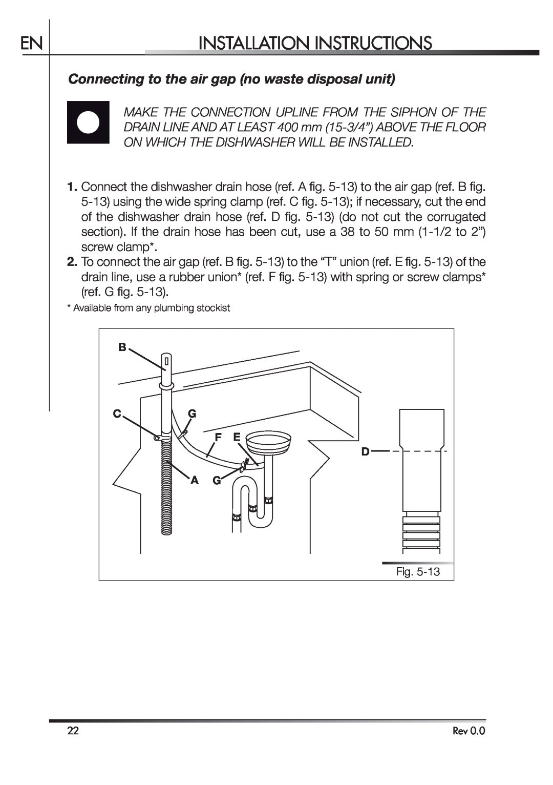Smeg STA4645 instruction manual Connecting to the air gap no waste disposal unit, Installation Instructions 