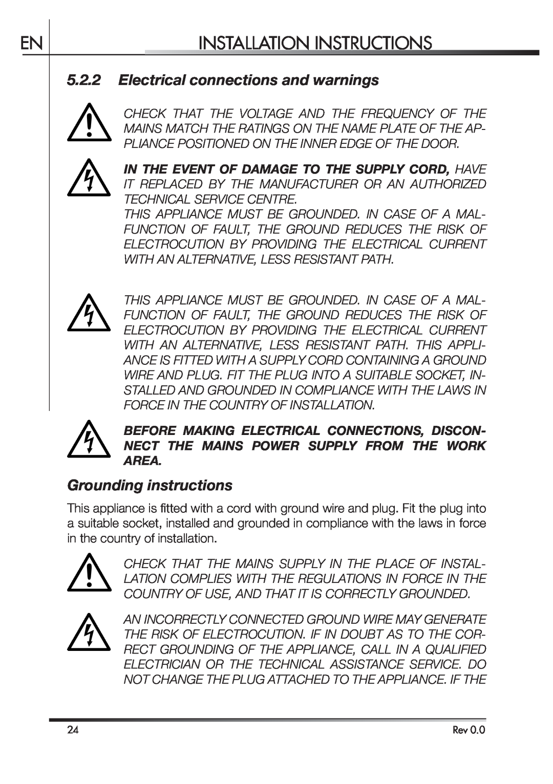 Smeg STA4645 instruction manual Electrical connections and warnings, Grounding instructions, Installation Instructions 