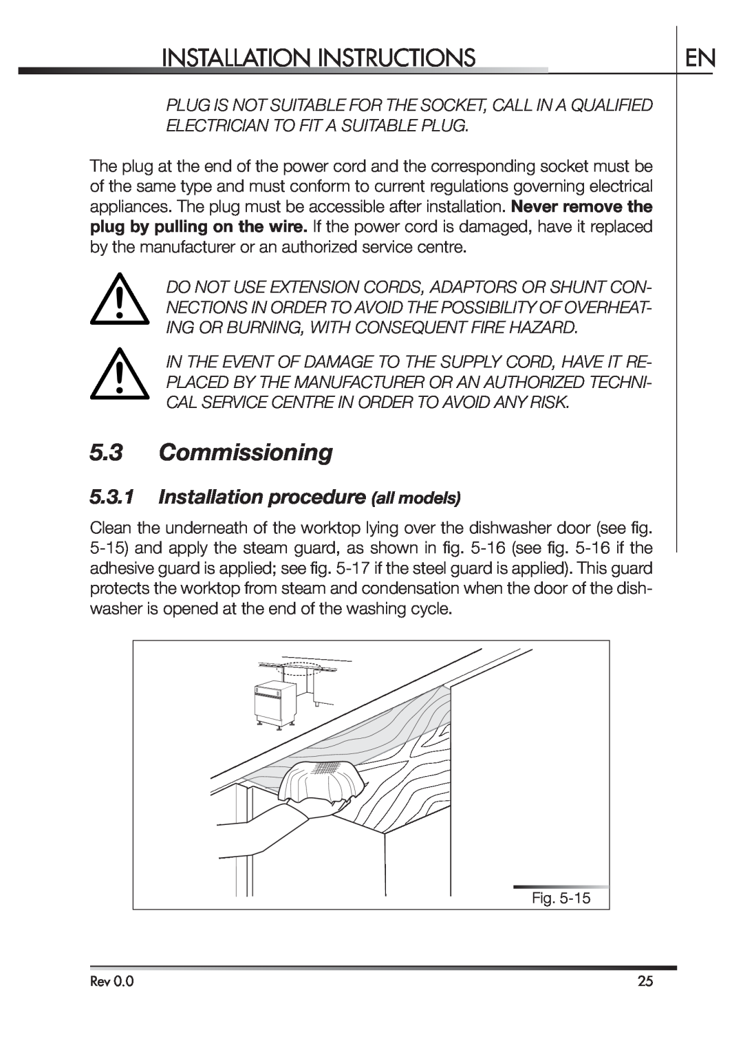 Smeg STA4645 instruction manual Commissioning, Installation procedure all models, Installation Instructions 