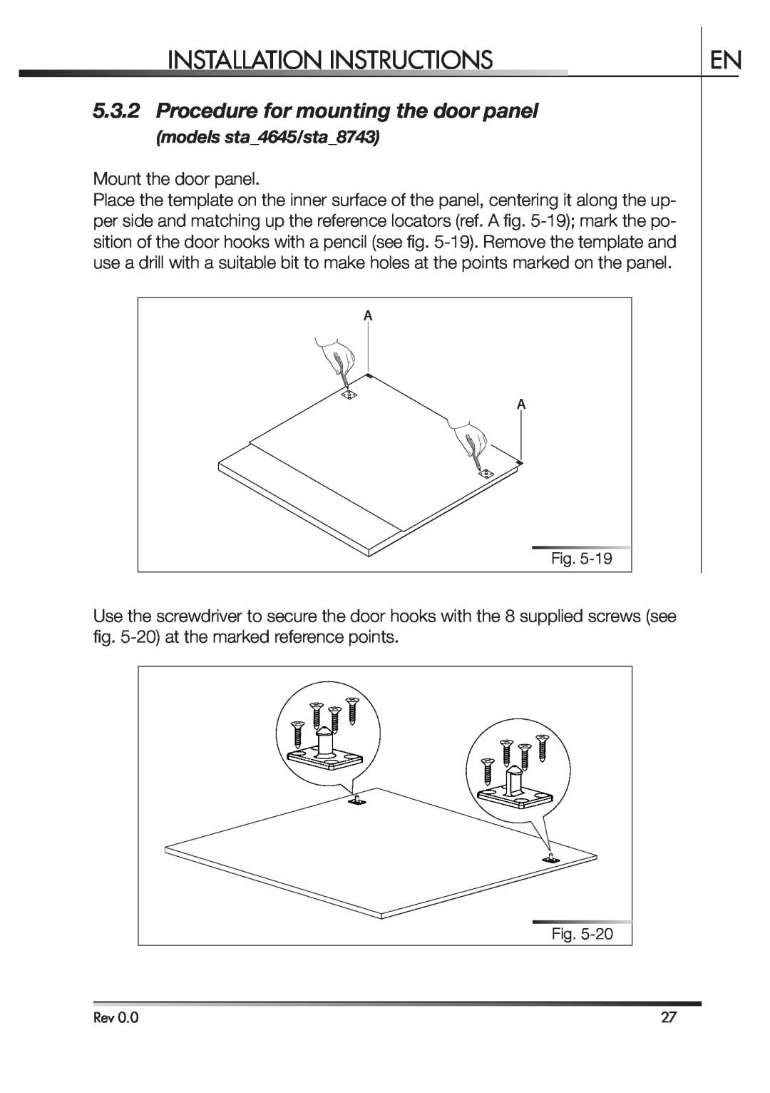 Smeg STA4645 instruction manual Procedure for mounting the door panel, Installation Instructions, Mount the door panel 