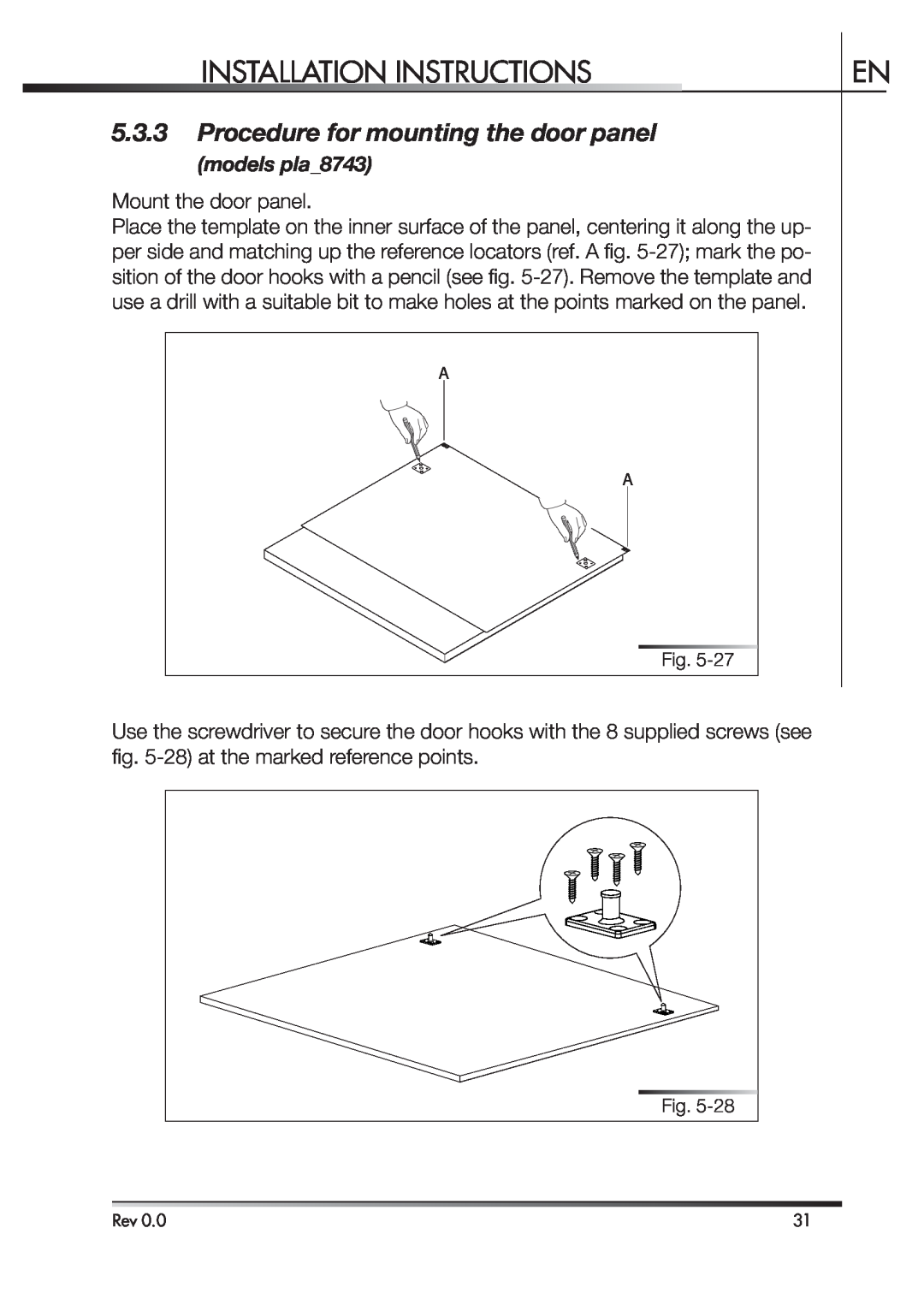 Smeg STA4645 instruction manual Procedure for mounting the door panel, Installation Instructions, models pla8743 
