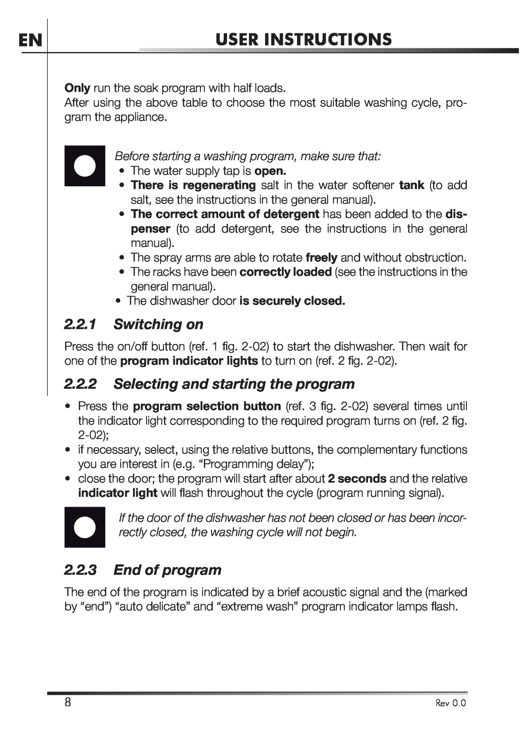 Smeg STA4645 instruction manual Switching on, Selecting and starting the program, End of program, User Instructions 