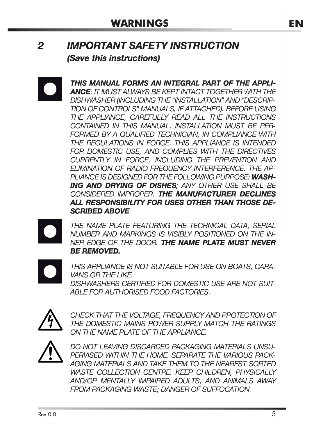 Smeg STA4645U manual Warnings, Important Safety Instruction, Save this instructions 
