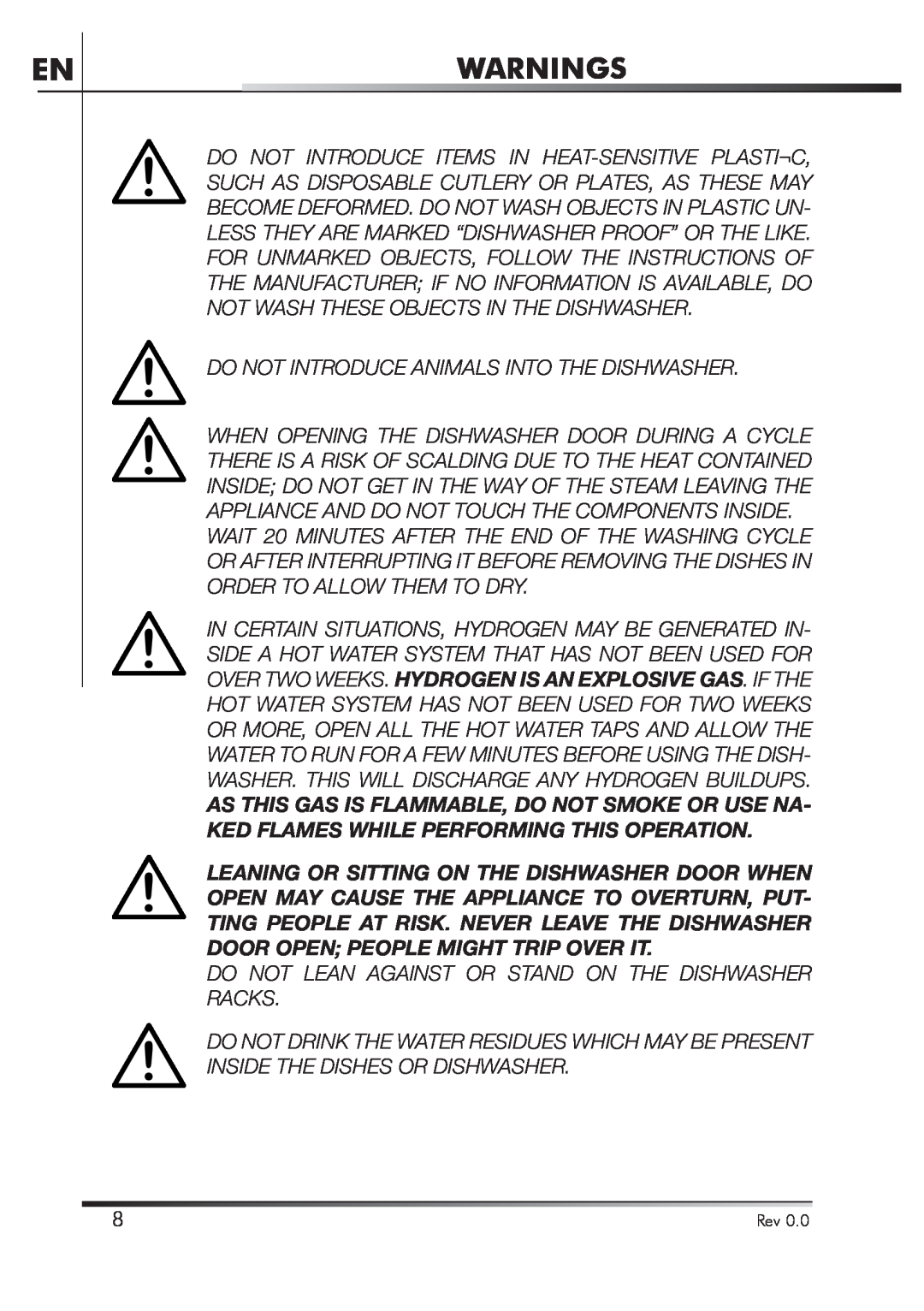 Smeg STA4645U Warnings, Do Not Introduce Animals Into The Dishwasher, Do Not Lean Against Or Stand On The Dishwasher Racks 