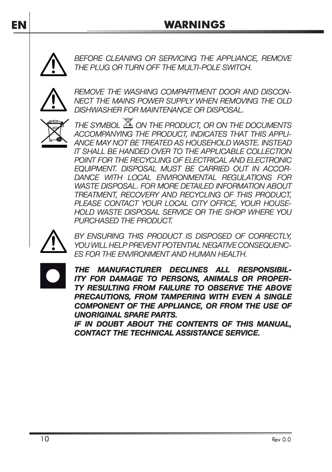 Smeg STA4645U manual Warnings 