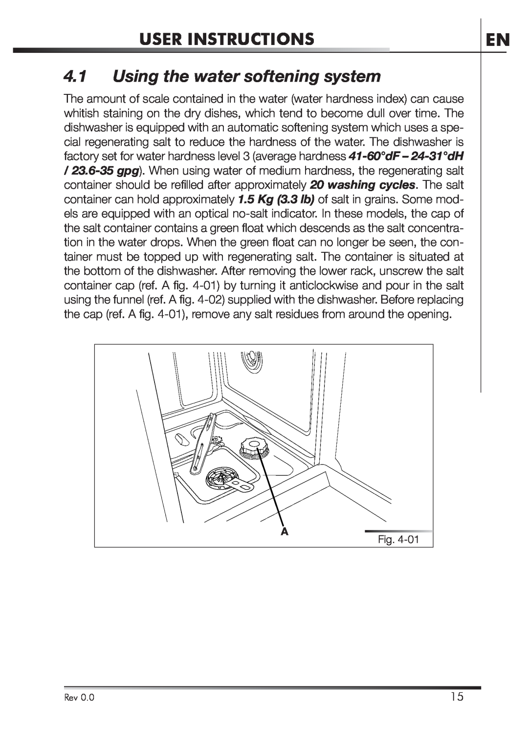 Smeg STA4645U manual Using the water softening system, User Instructions 