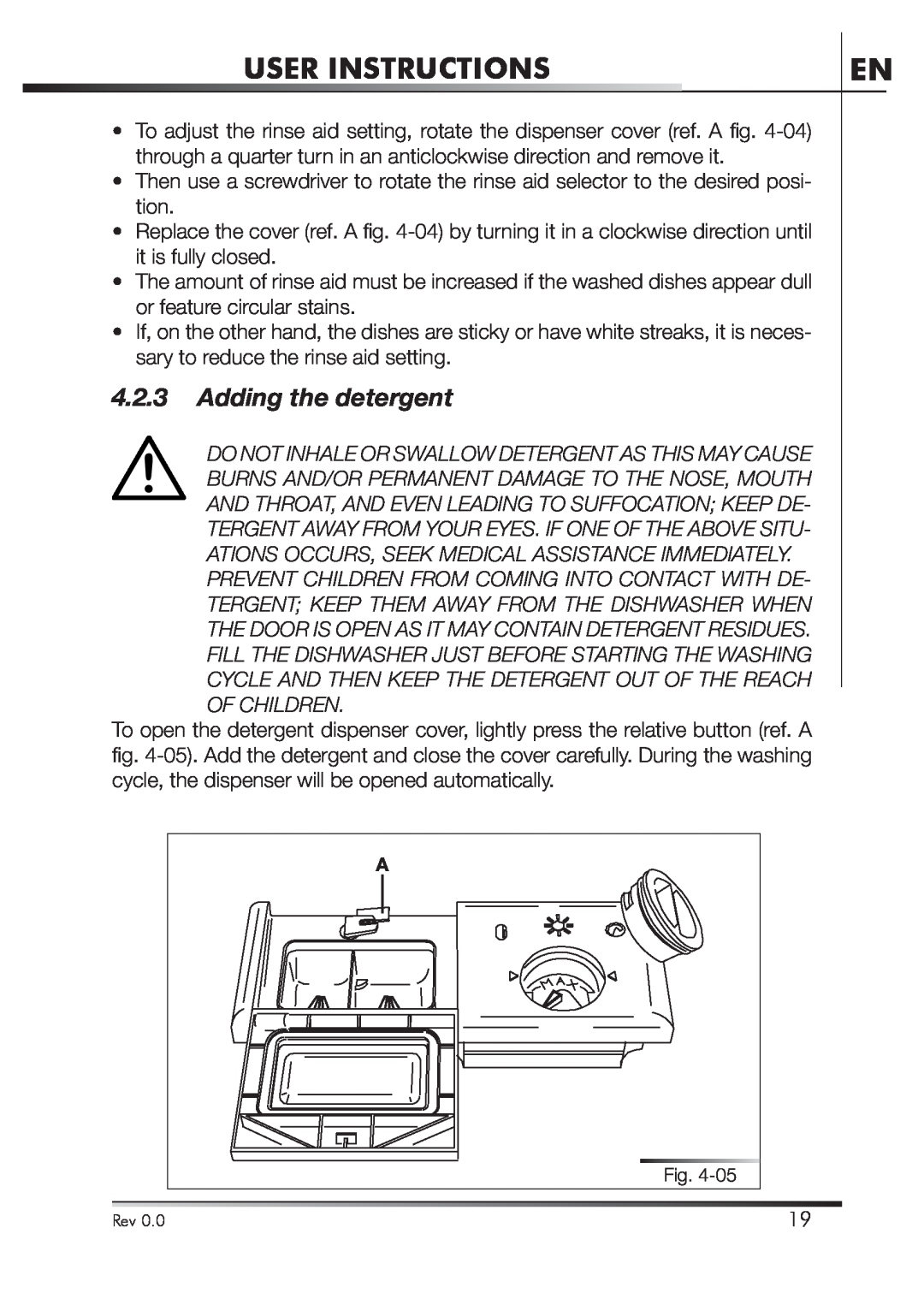 Smeg STA4645U manual Adding the detergent, User Instructions 