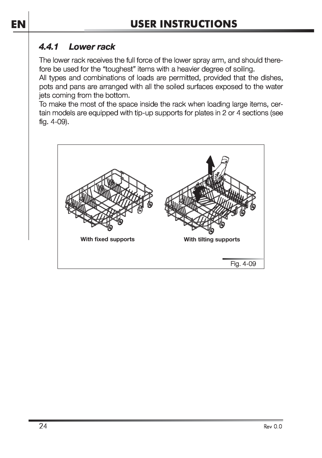 Smeg STA4645U manual Lower rack, User Instructions, Con supporti fissi 