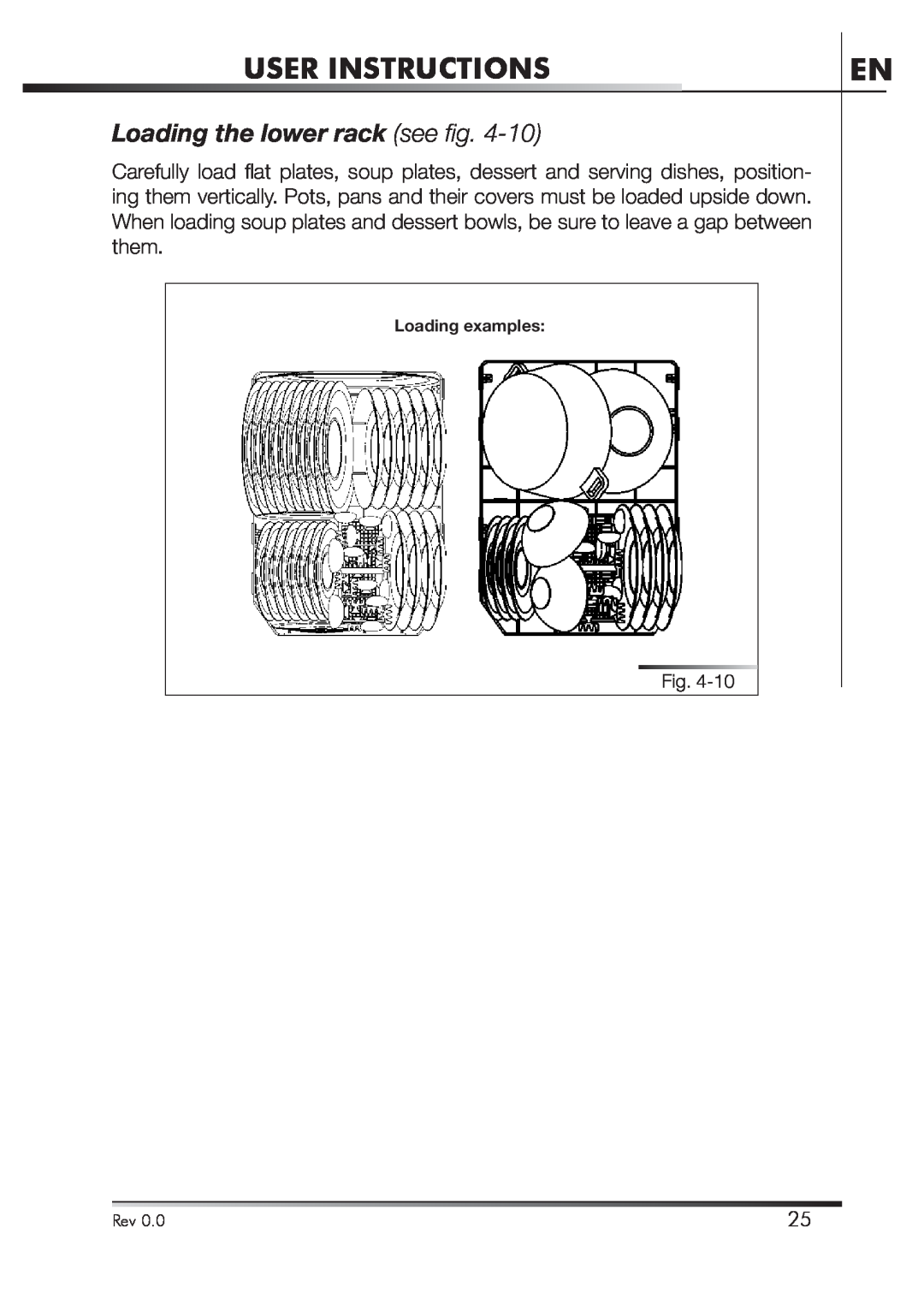 Smeg STA4645U manual Loading the lower rack see ﬁ g, User Instructions, Esempi di caricamento, Loading examples 