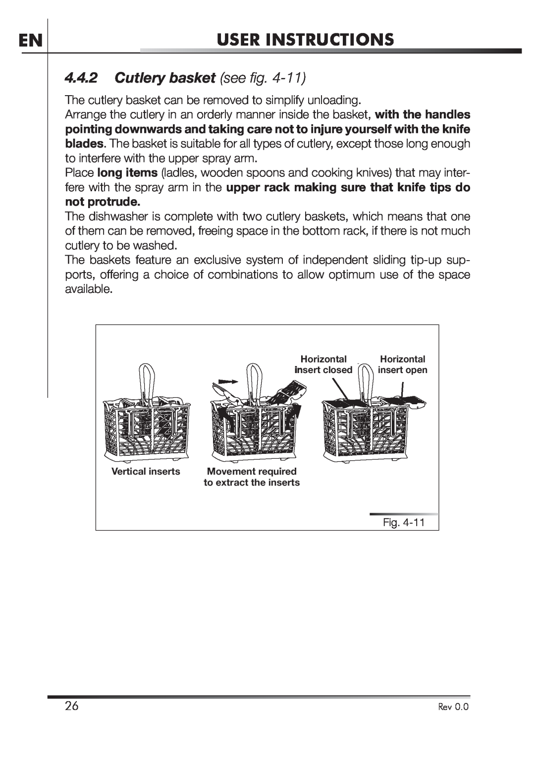 Smeg STA4645U manual Cutlery basket see ﬁ g, User Instructions 