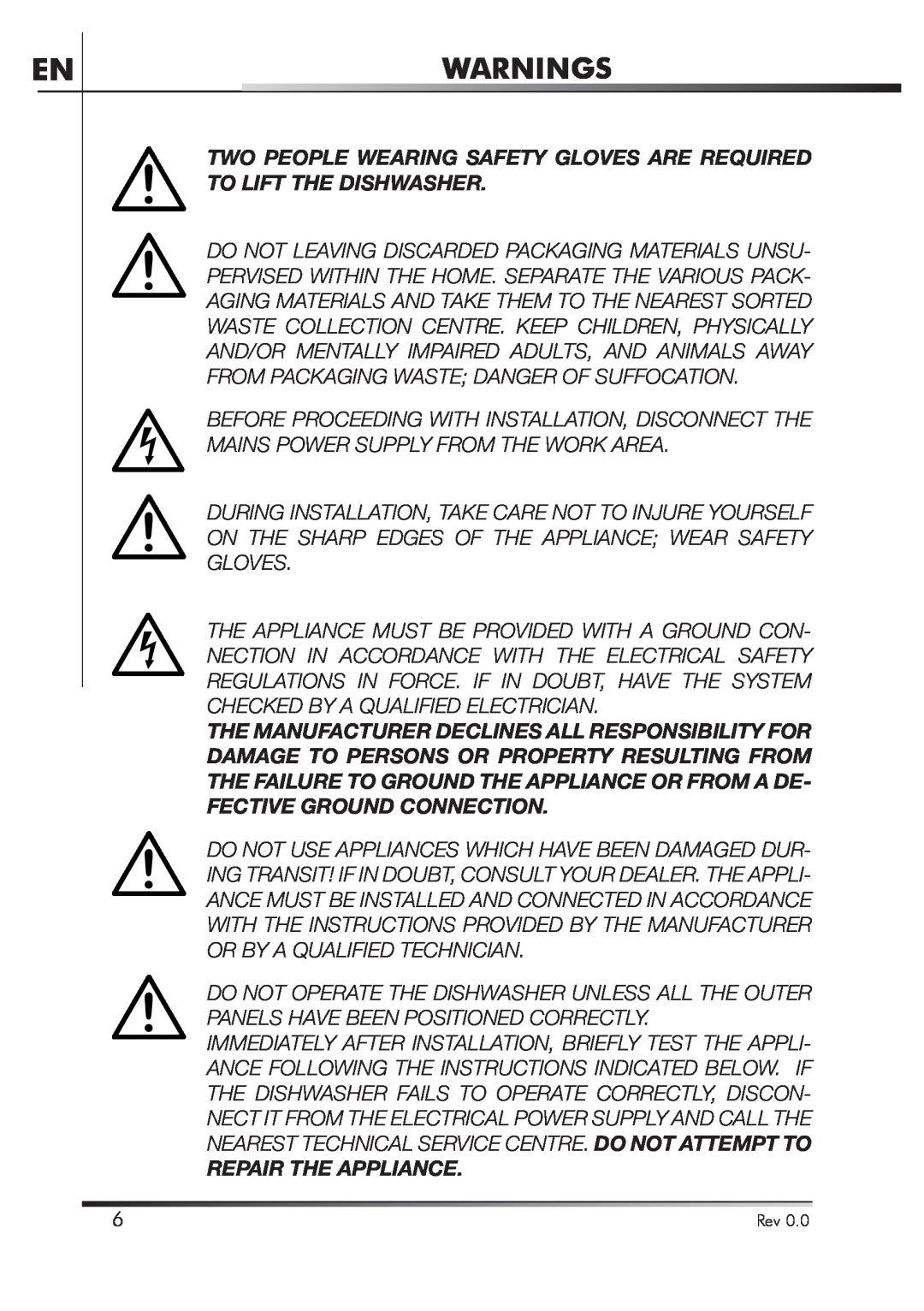 Smeg STA4645U manual Warnings, Two People Wearing Safety Gloves Are Required To Lift The Dishwasher, Repair The Appliance 