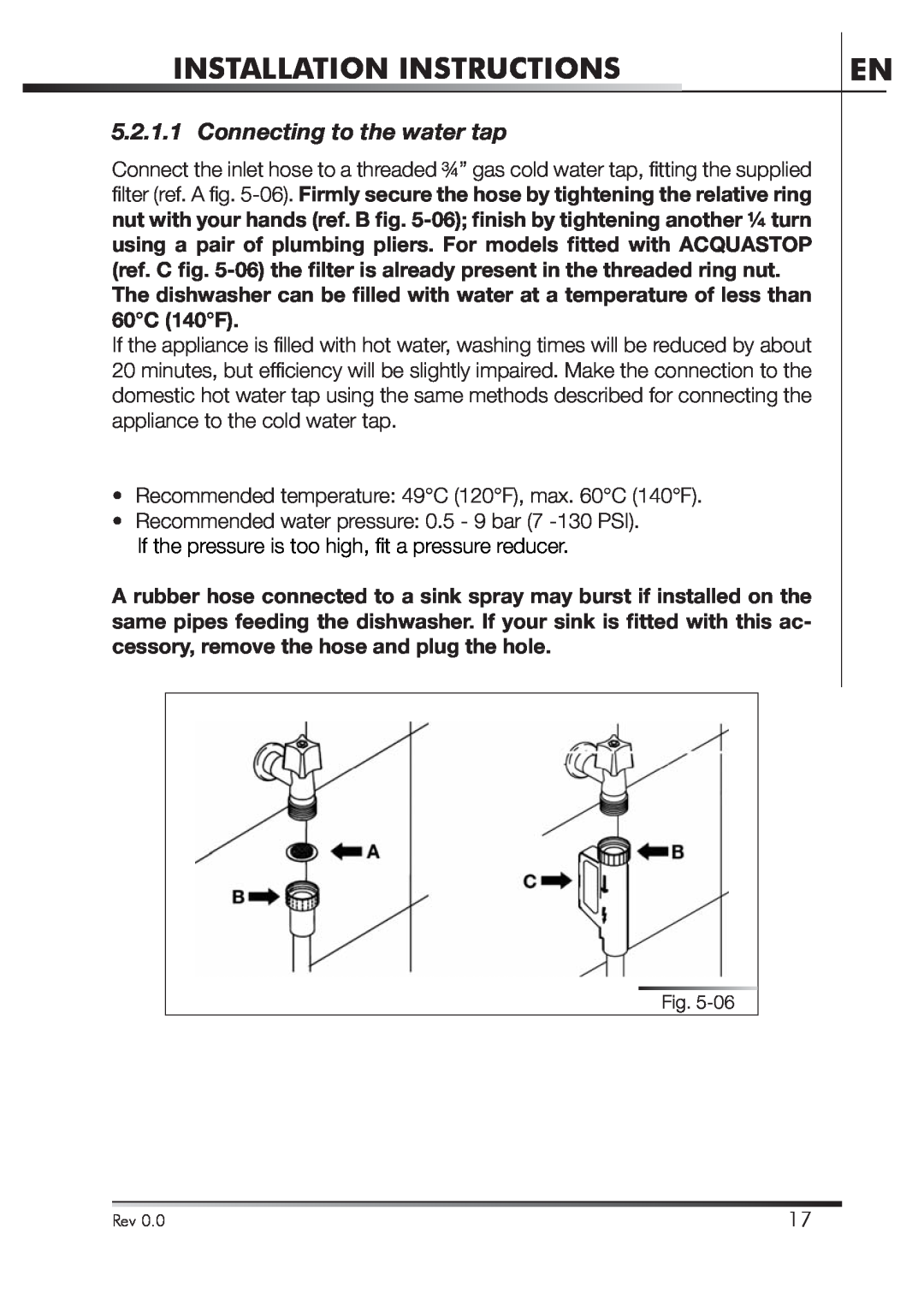 Smeg STA4645U manual Connecting to the water tap, Installation Instructions 