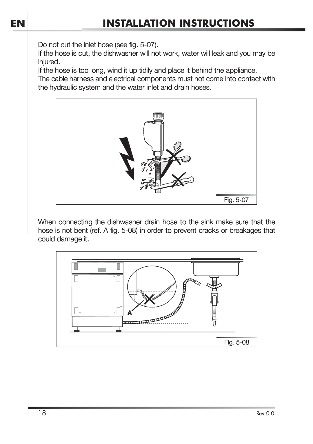 Smeg STA4645U manual Installation Instructions, Do not cut the inlet hose see ﬁ g 