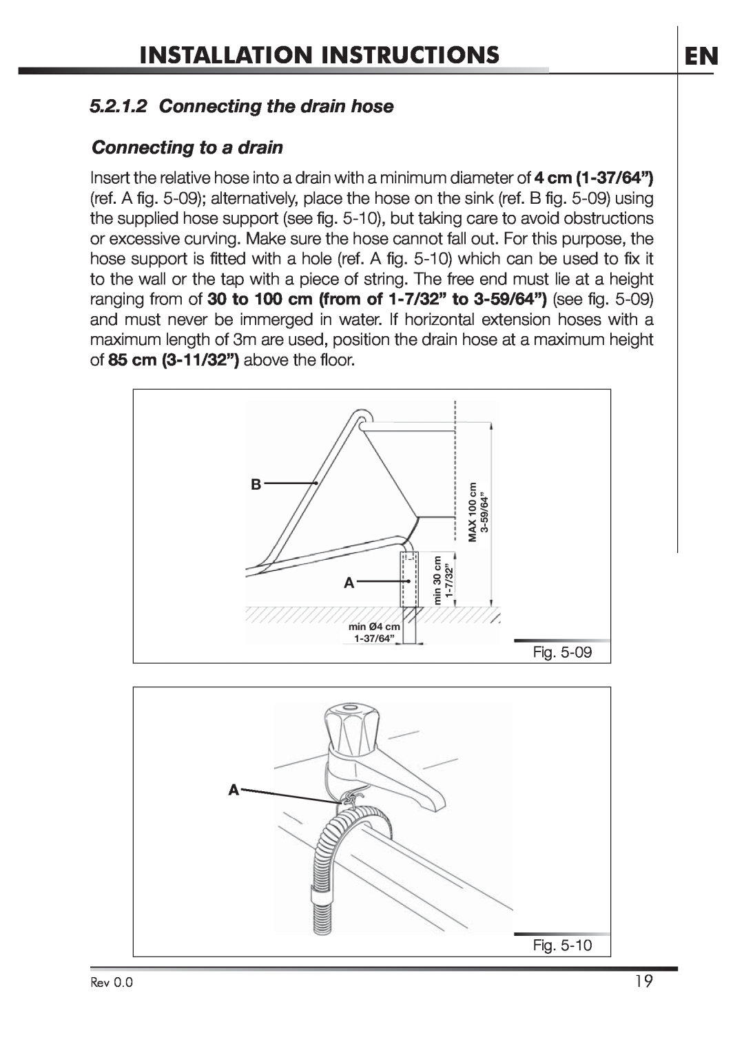 Smeg STA4645U Connecting the drain hose Connecting to a drain, Installation Instructions, MAX 100 cm, 3-59/64”, min O4 cm 