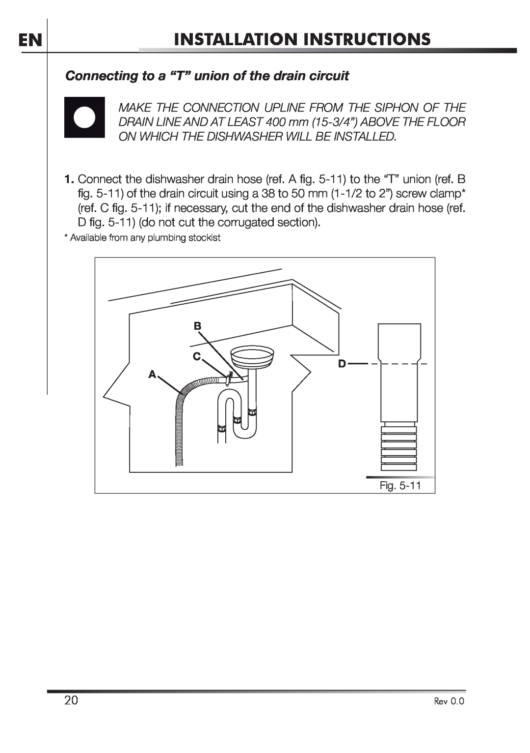 Smeg STA4645U manual Connecting to a “T” union of the drain circuit, Installation Instructions 