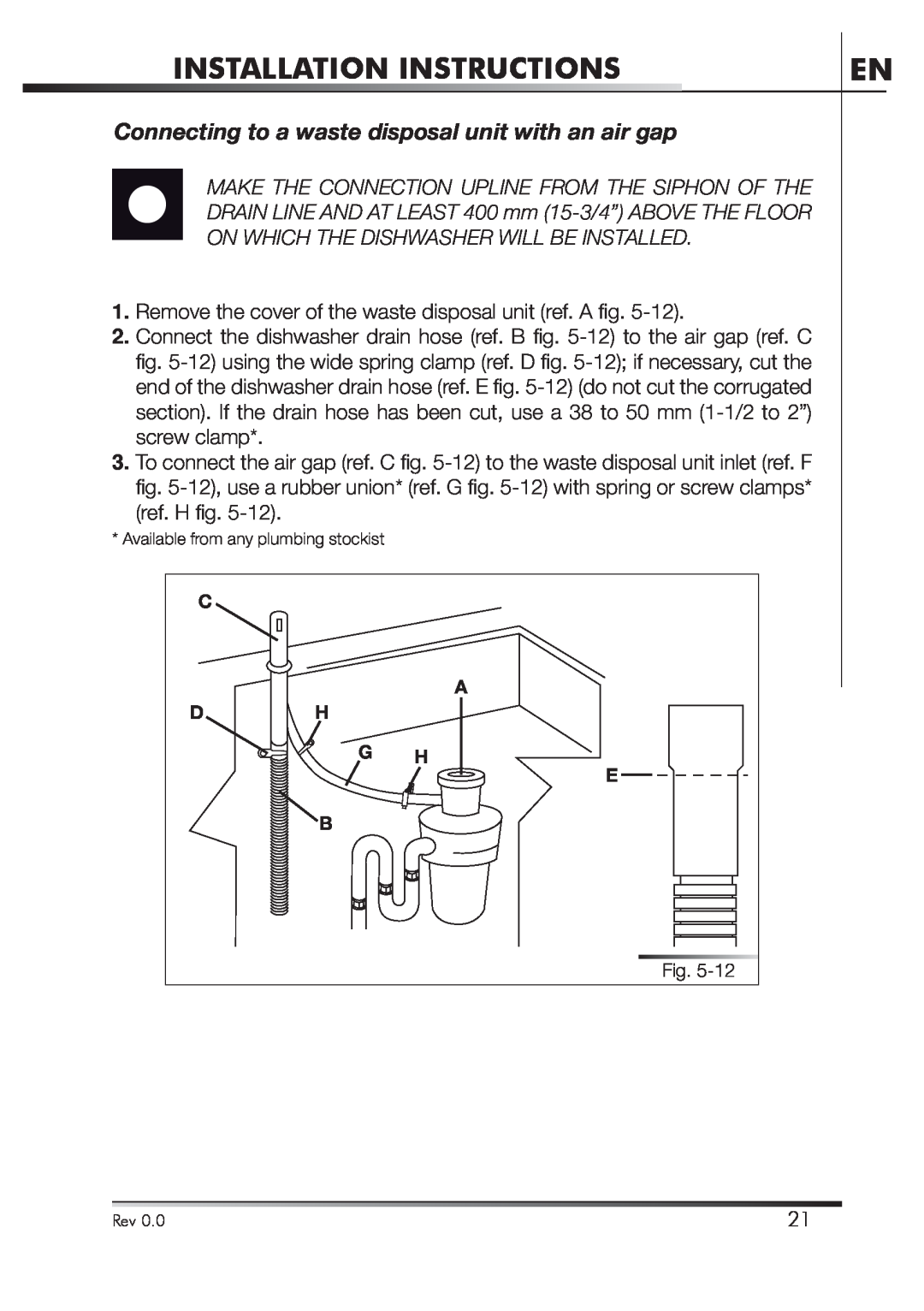 Smeg STA4645U manual Connecting to a waste disposal unit with an air gap, Installation Instructions 