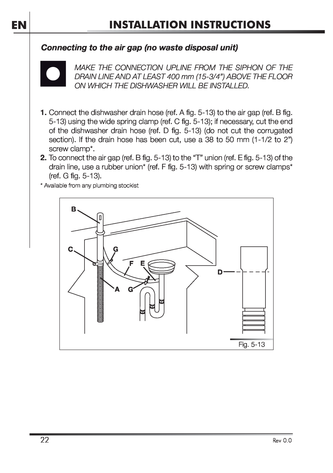 Smeg STA4645U manual Connecting to the air gap no waste disposal unit, Installation Instructions 